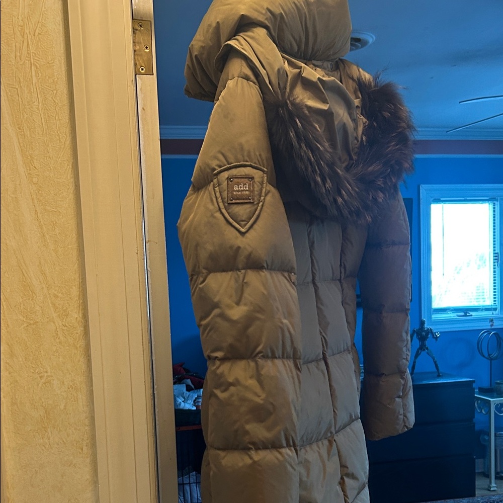 Add Down Tan Puffer Jacket with Fur Trim